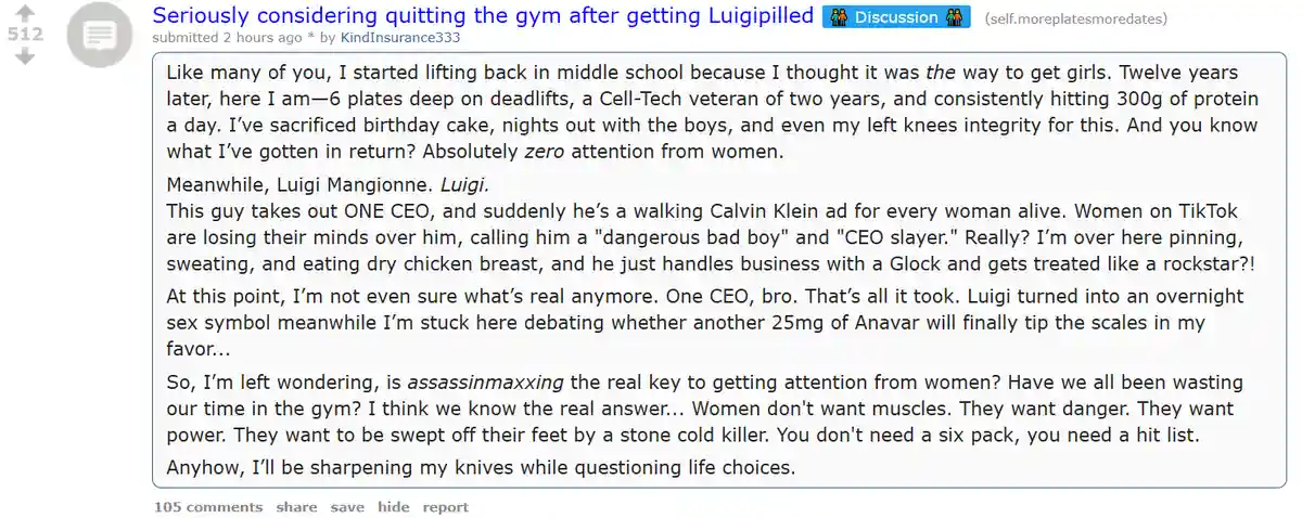 A screenshot of a Reddit post where the user laments their lack of female attention despite years of intense gym dedication…