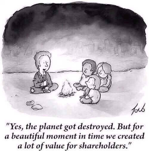 A black-and-white cartoon shows four people sitting around a campfire in a desolate, smoke-filled landscape with a ruined…