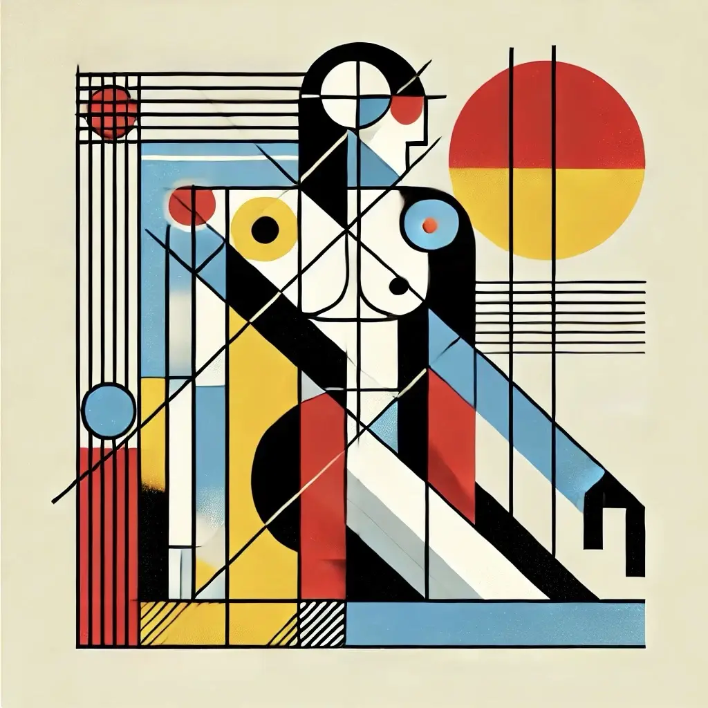 An abstract painting featuring geometric shapes, bold colors, and fragmented forms resembling a stylized human figure. The…