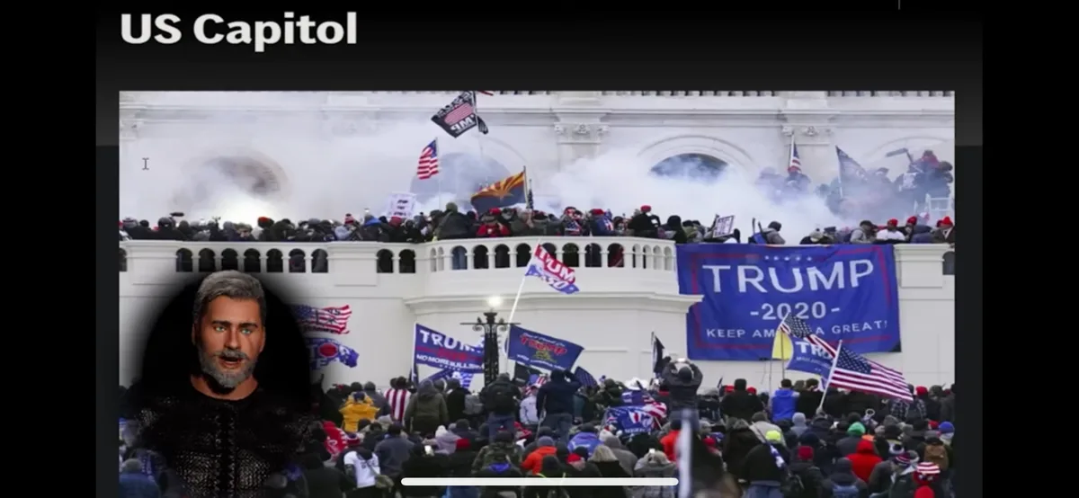 The image shows a crowd of people storming the US Capitol building, with smoke billowing and Trump campaign banners visible…