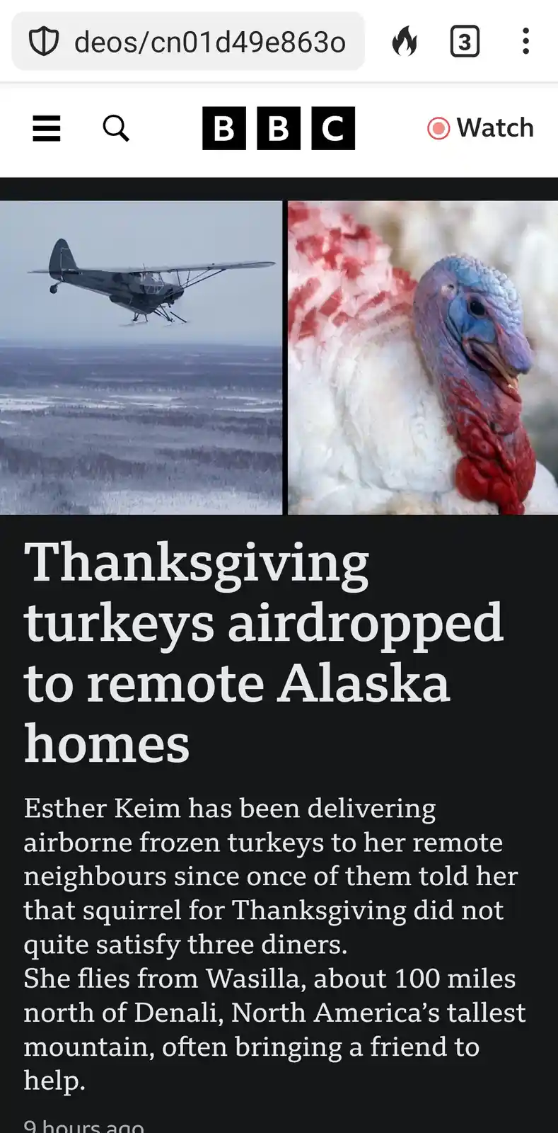 A split-screen BBC news article image shows a small plane flying over snowy terrain on the left and a close-up of a live…