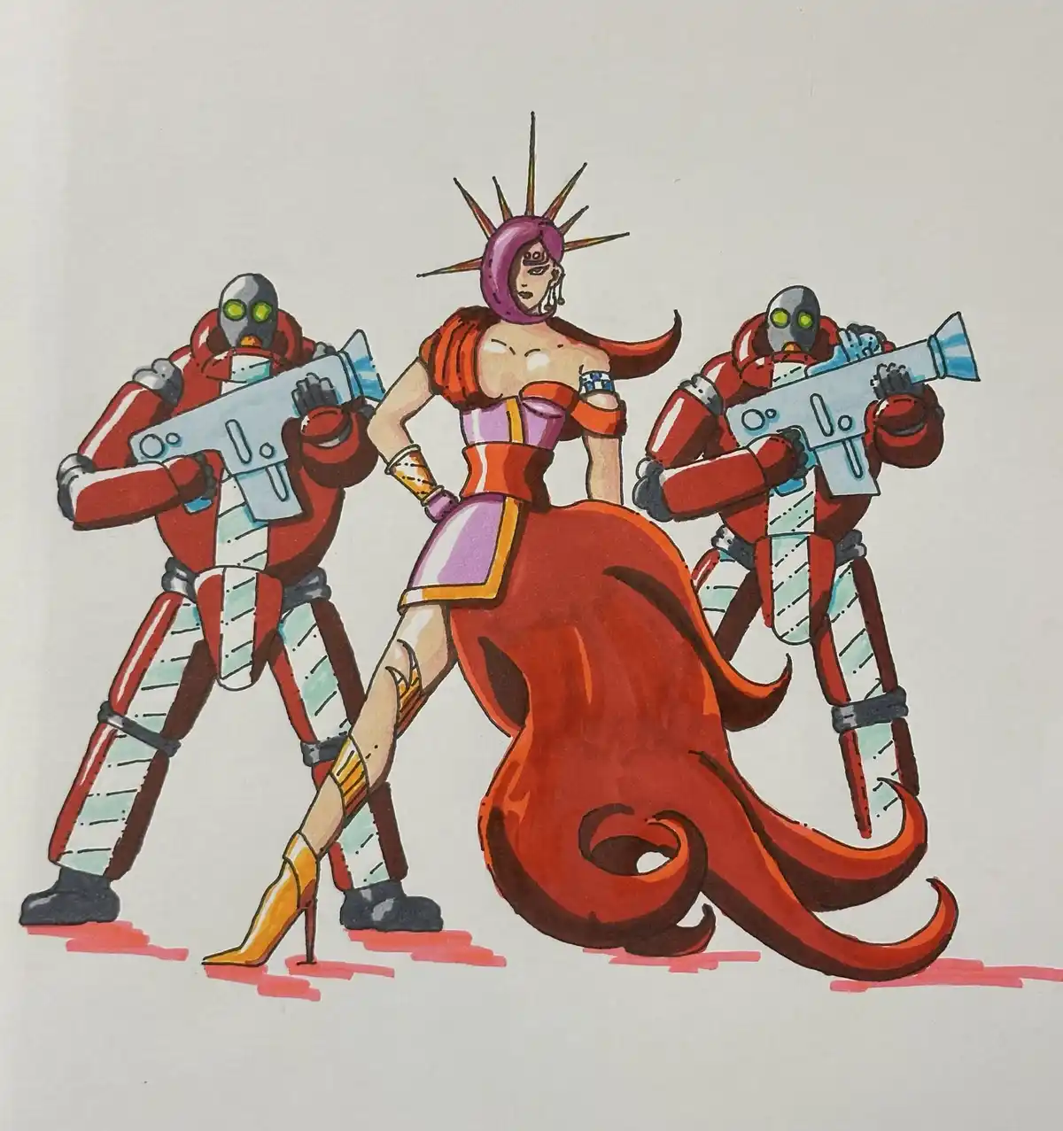 A drawing shows a woman in a revealing orange and purple outfit with a spiked purple hood and a long red tail, wearing high…