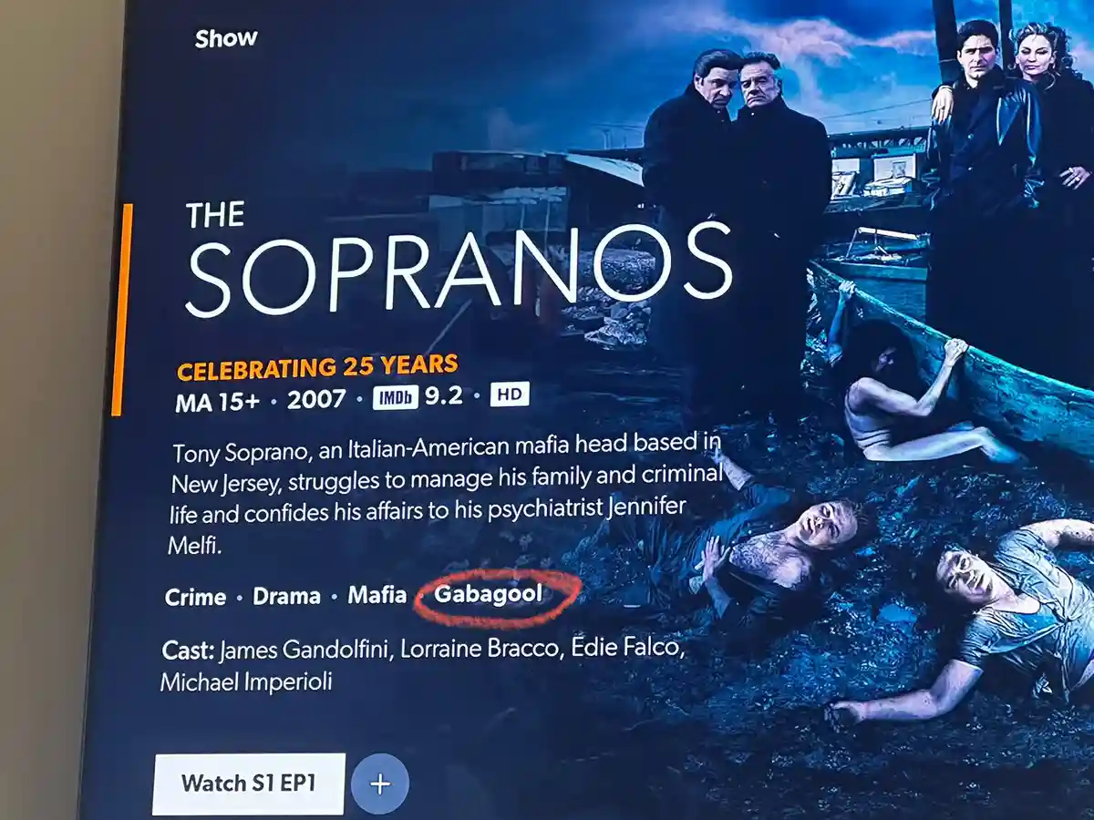 A screenshot of a streaming service's show page for 'The Sopranos' features a promotional image with characters from the…