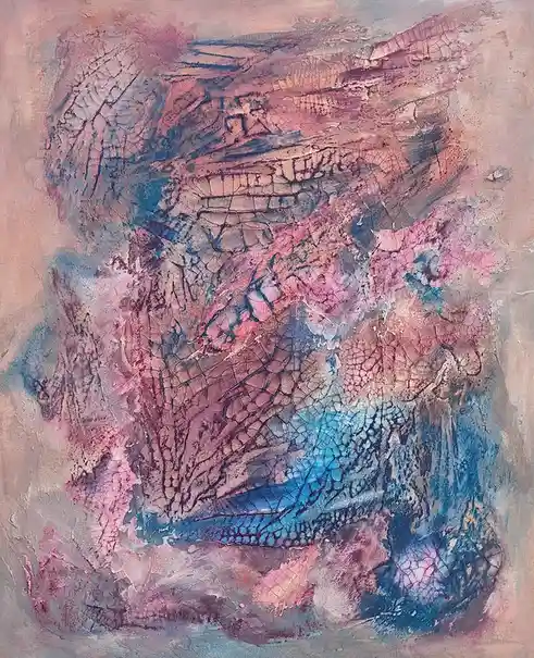 An abstract, textured painting with cracked, layered paint in pink, blue, and beige tones, overlaid with the text 'i'm not…