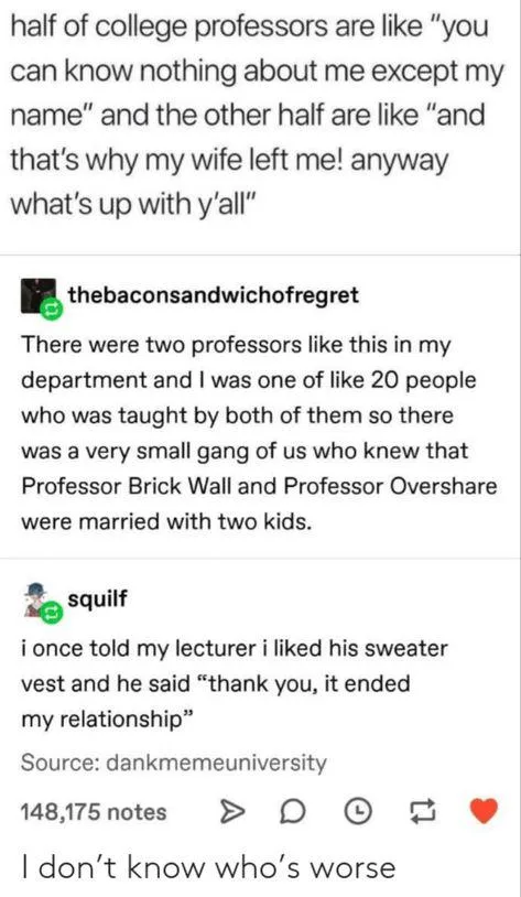 A screenshot of a Tumblr post showing a meme about college professors. The top text reads: 'half of college professors are…