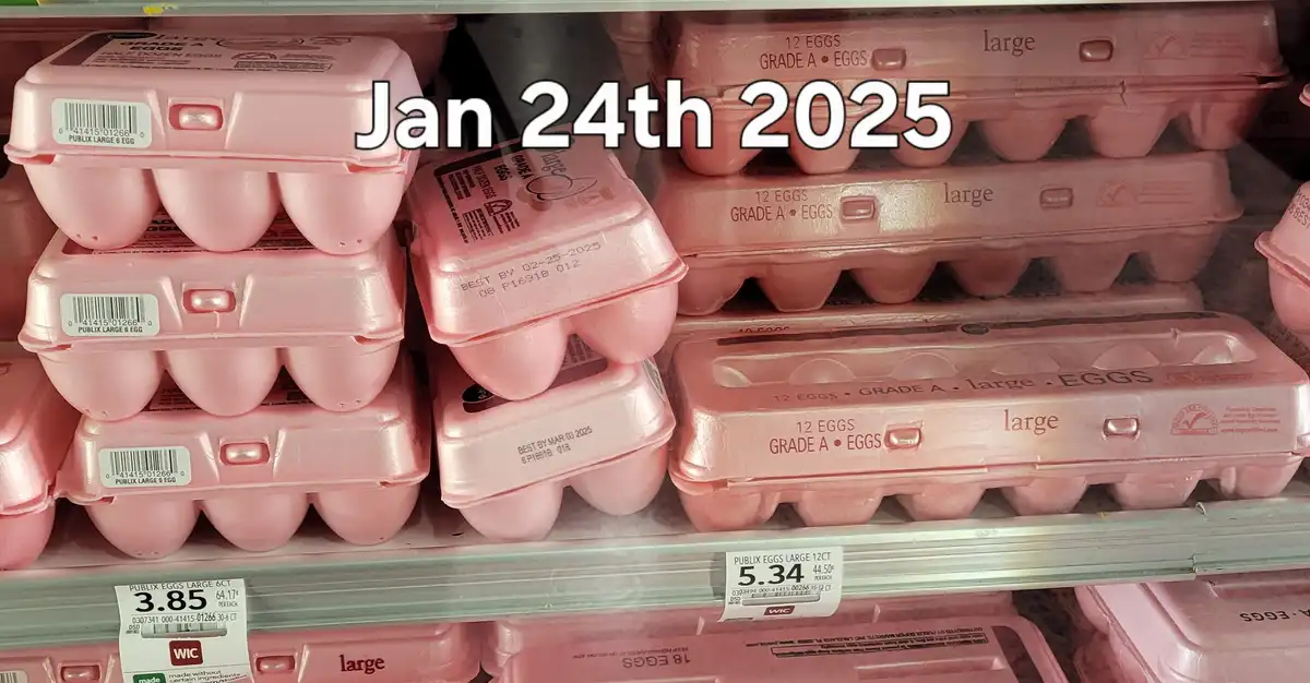 A grocery store shelf displays stacks of pink egg cartons labeled 'Grade A Eggs' with visible 'Best By' dates in 2025. Large…