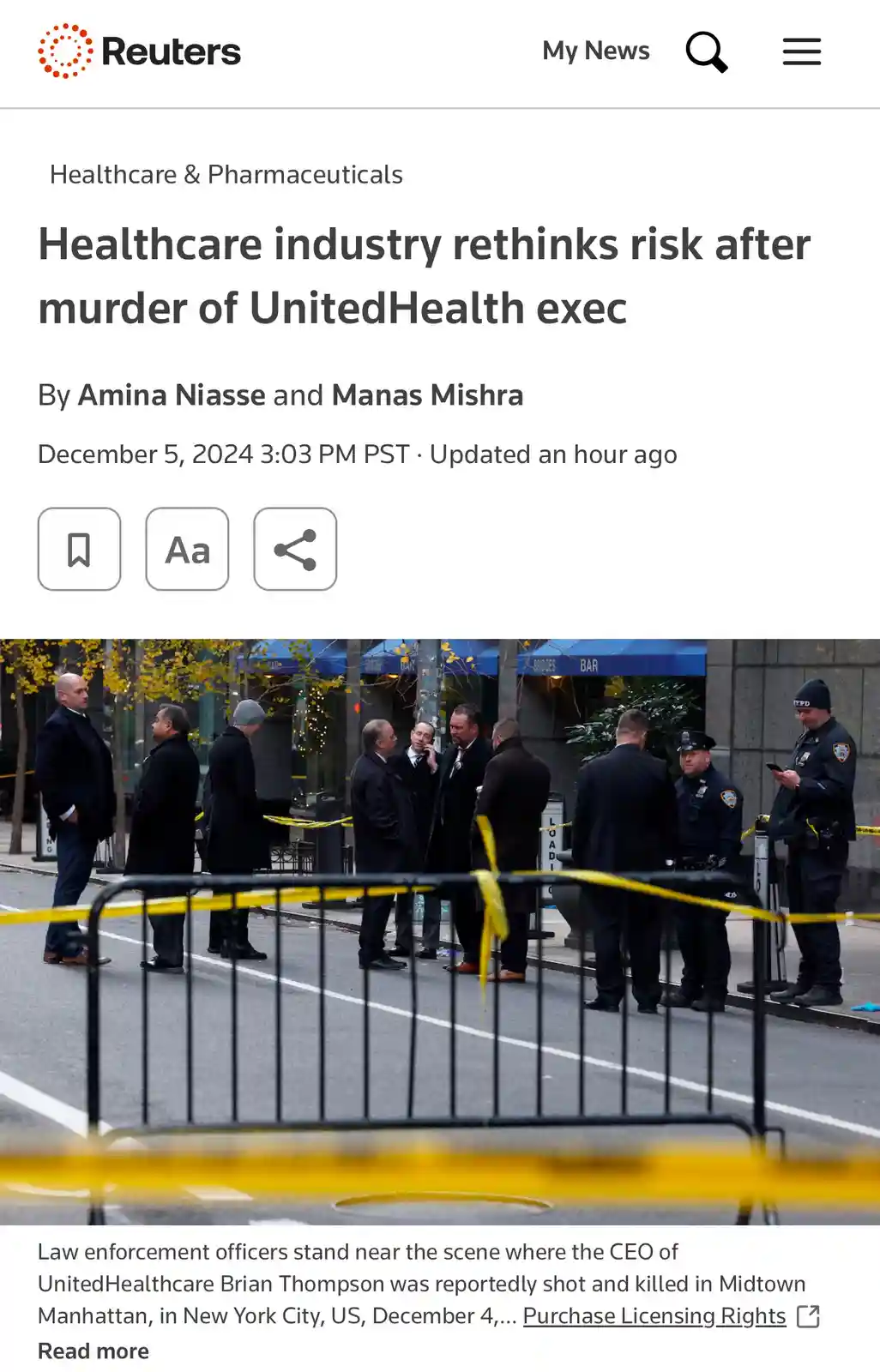 A screenshot of a Reuters news article about the murder of UnitedHealth exec Brian Thompson, showing police and officials at…