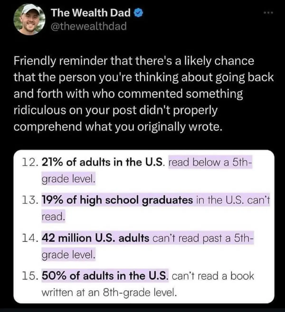A screenshot of a tweet from 'The Wealth Dad' with a white text box containing statistics about U.S. adult literacy, with…