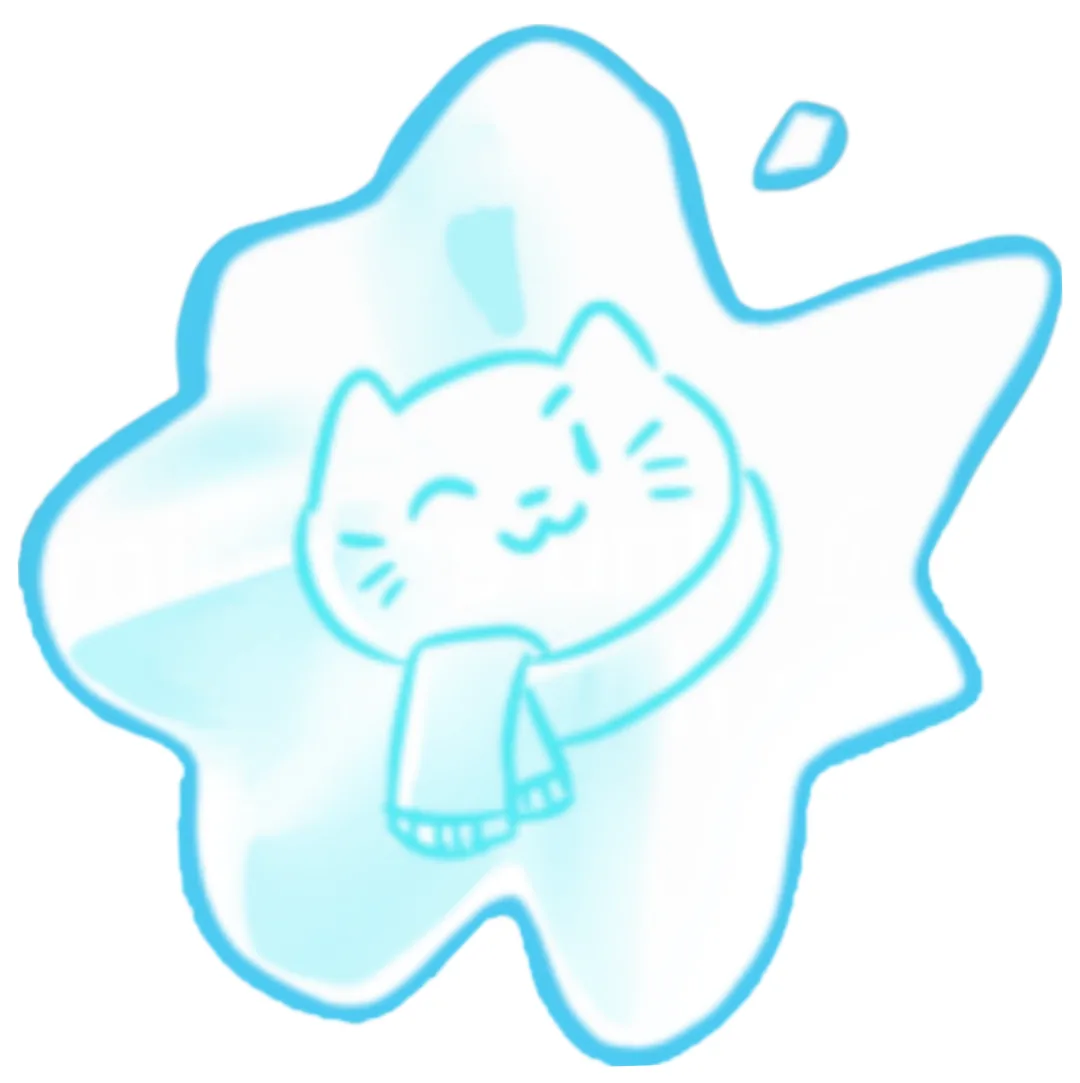 A cute, stylized cartoon cat with a content expression is depicted inside a translucent, star-shaped ice block with a light…