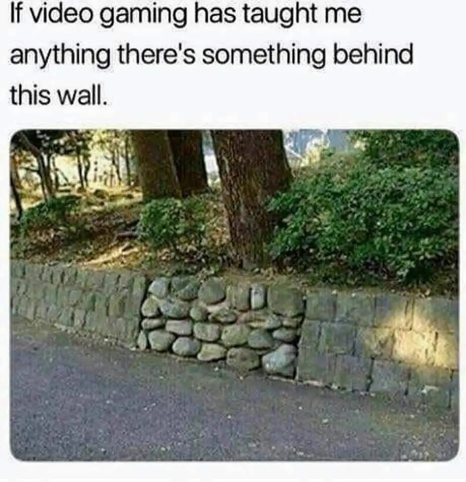 An outdoor photo shows a low stone retaining wall along a paved path, with trees and bushes behind it. The wall has a…