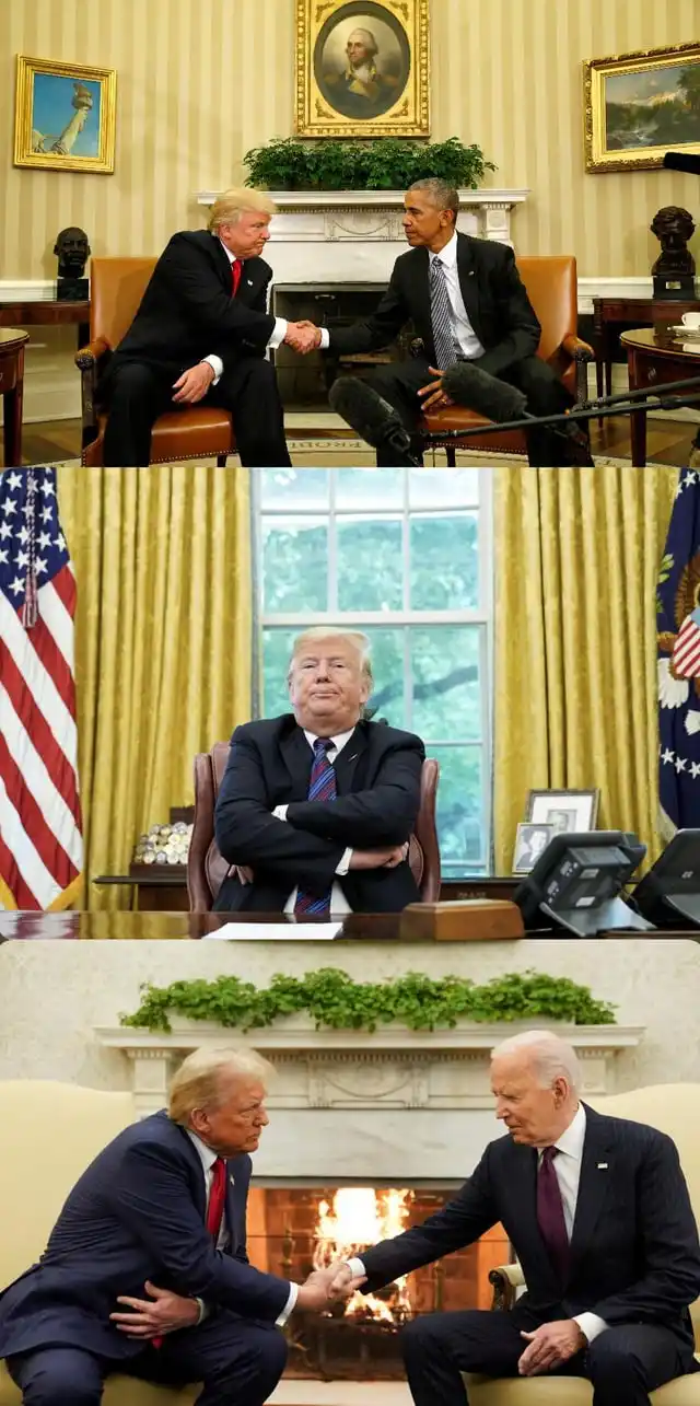 A three-panel meme showing Donald Trump and Barack Obama shaking hands in the Oval Office, then Trump alone with arms…