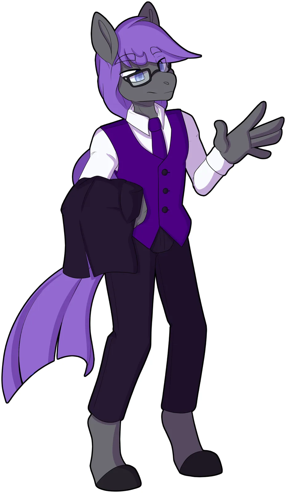 A purple-haired, grey-skinned anthropomorphic pony with glasses, wearing a purple vest, white shirt, tie, and dark pants…