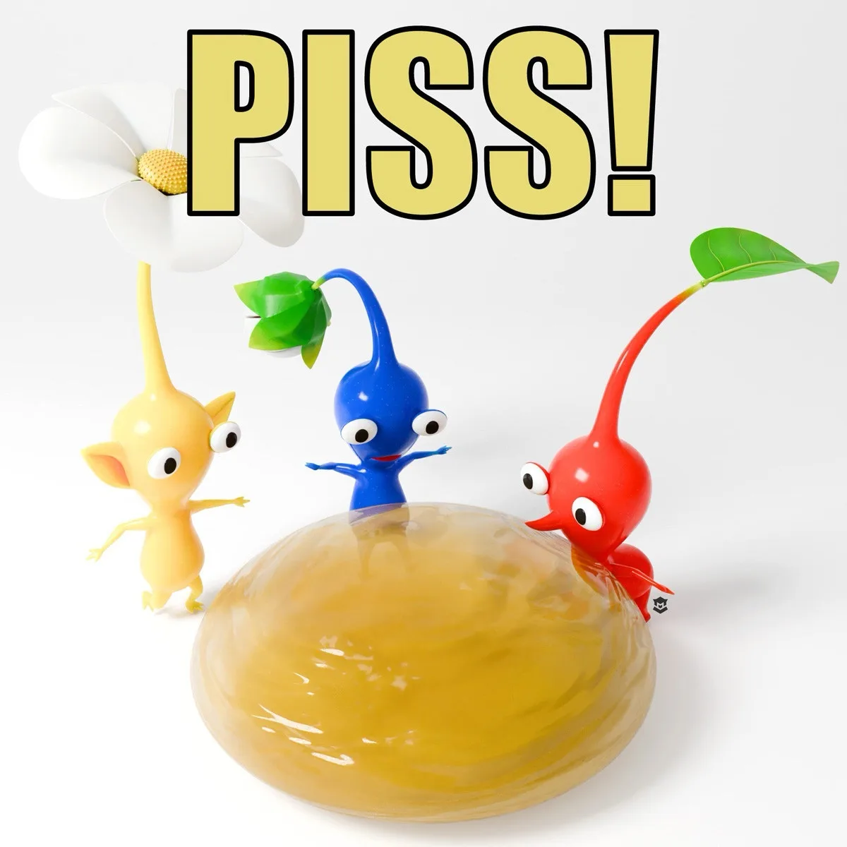 Three colorful Pikmin-like creatures stand around a large, translucent yellow orb. The yellow creature has a daisy on its…