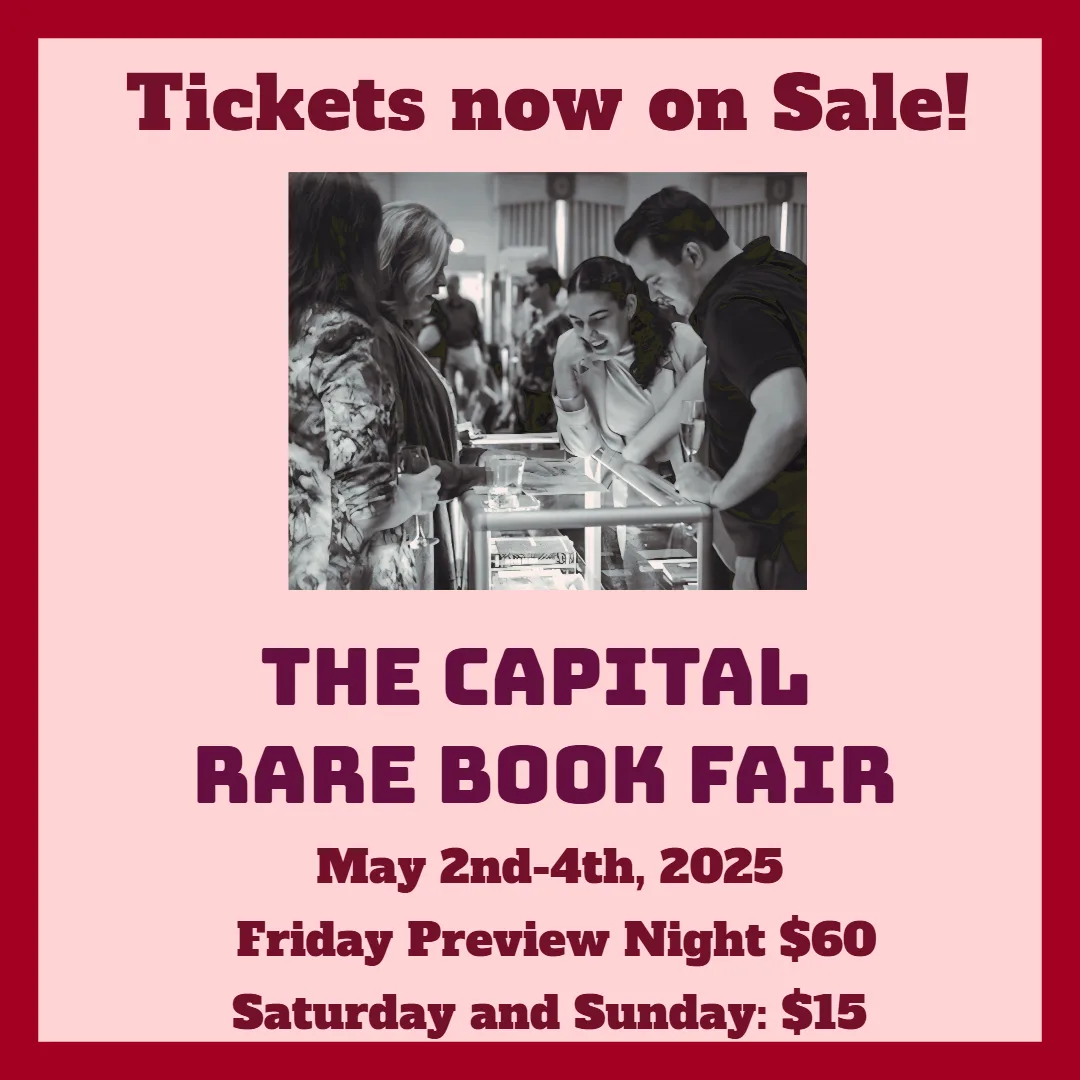 A promotional poster for 'The Capital Rare Book Fair' with a black-and-white photo of people browsing books at a table. The…