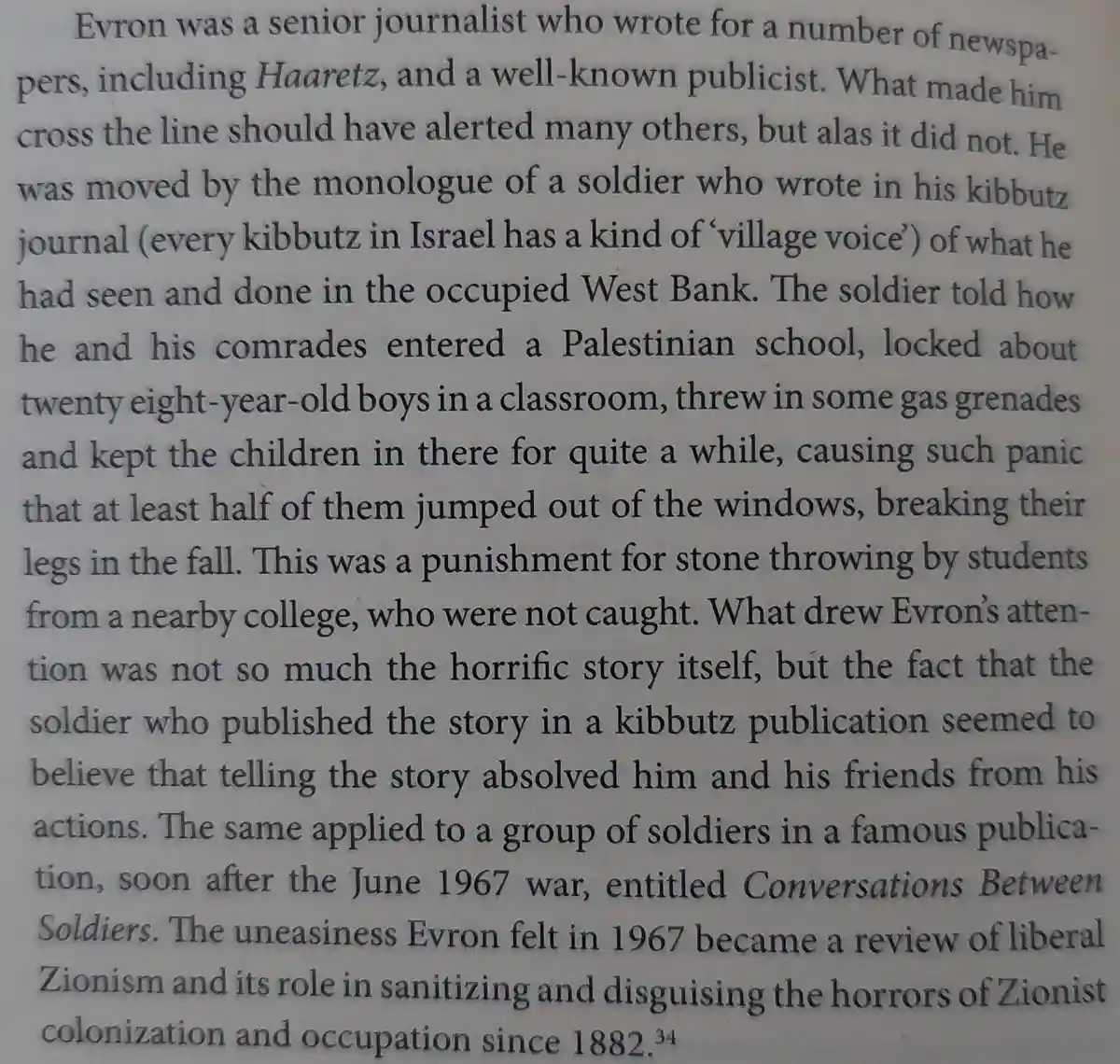 A close-up photograph of a printed page of text, showing a paragraph describing a journalist named Evron who was moved by a…