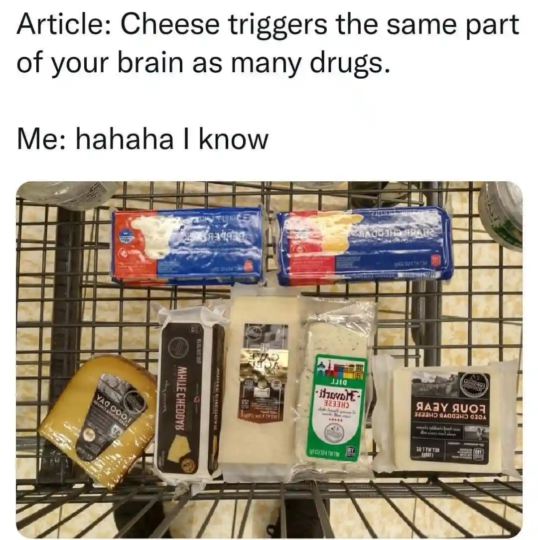 An image of a grocery store cheese aisle with various packaged cheeses on a wire rack, overlaid with text that reads…