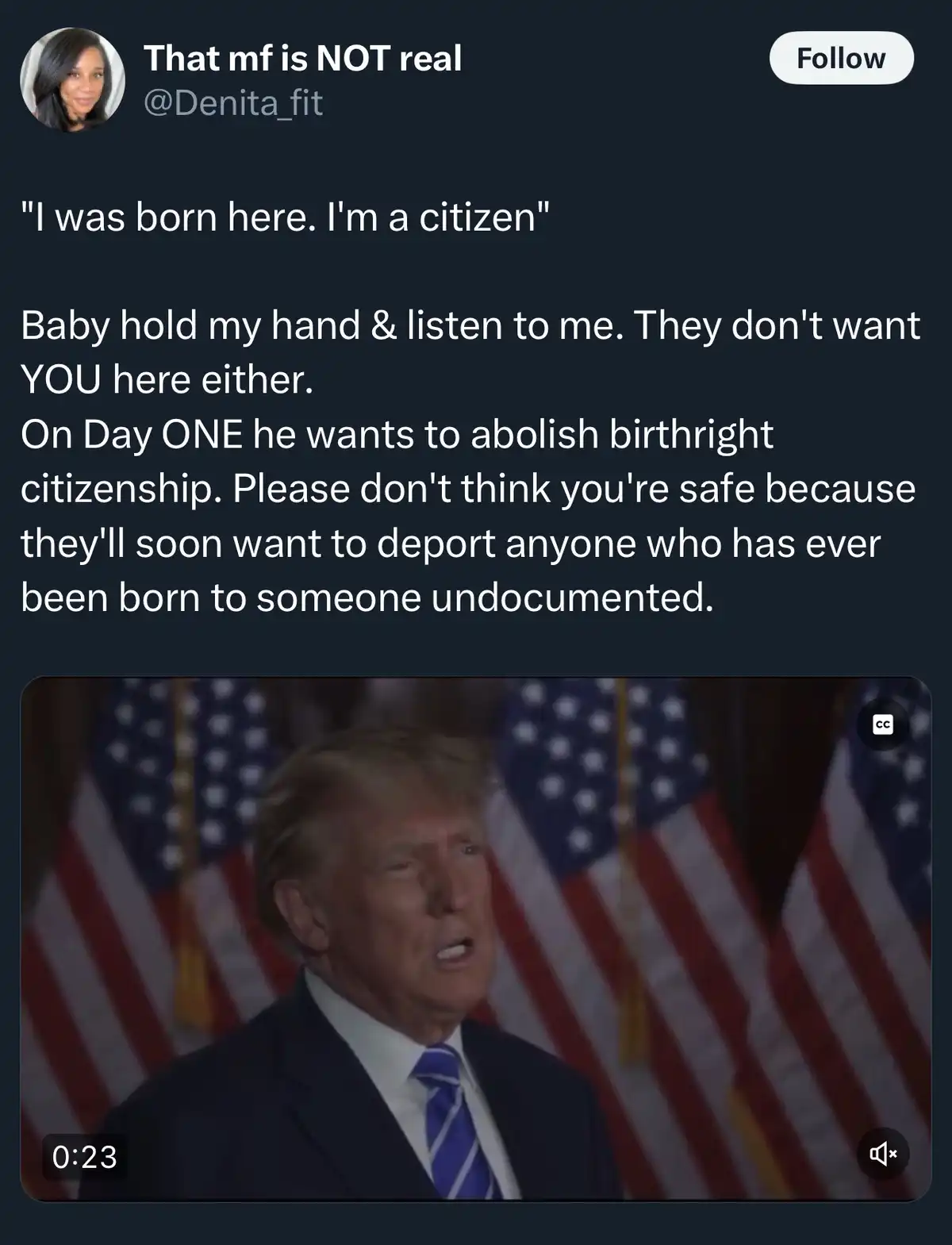 A screenshot of a tweet by @Denita_fit shows a video clip of Donald Trump speaking in front of American flags. The overlaid…