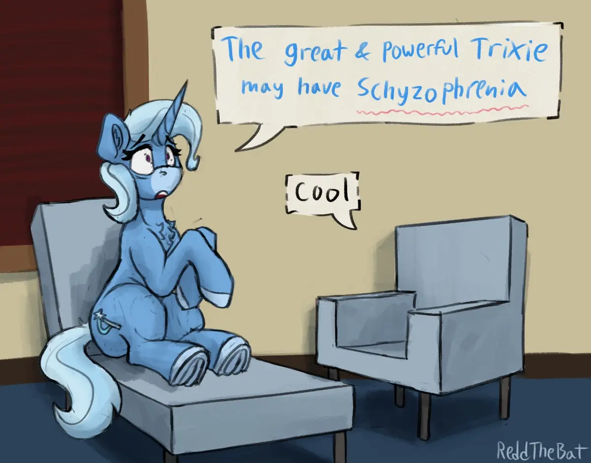 A blue cartoon pony with a horn and curly mane sits in a therapist's chair, looking surprised as a speech bubble above her…