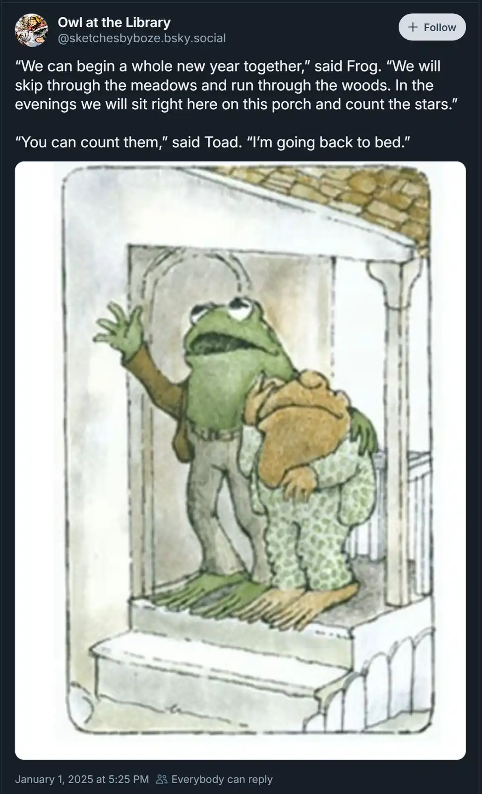 A watercolor-style illustration shows a green frog enthusiastically gesturing while standing on a porch with a brown toad…