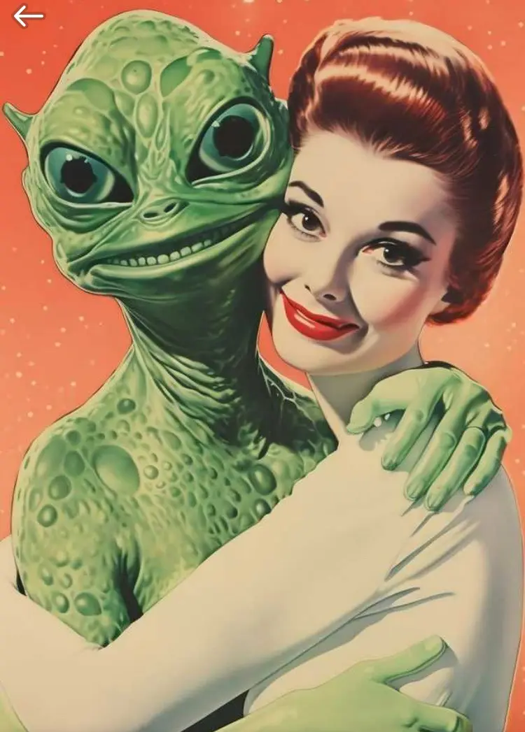 A vintage-style illustration shows a smiling woman with red hair and red lipstick being embraced by a green-skinned alien…