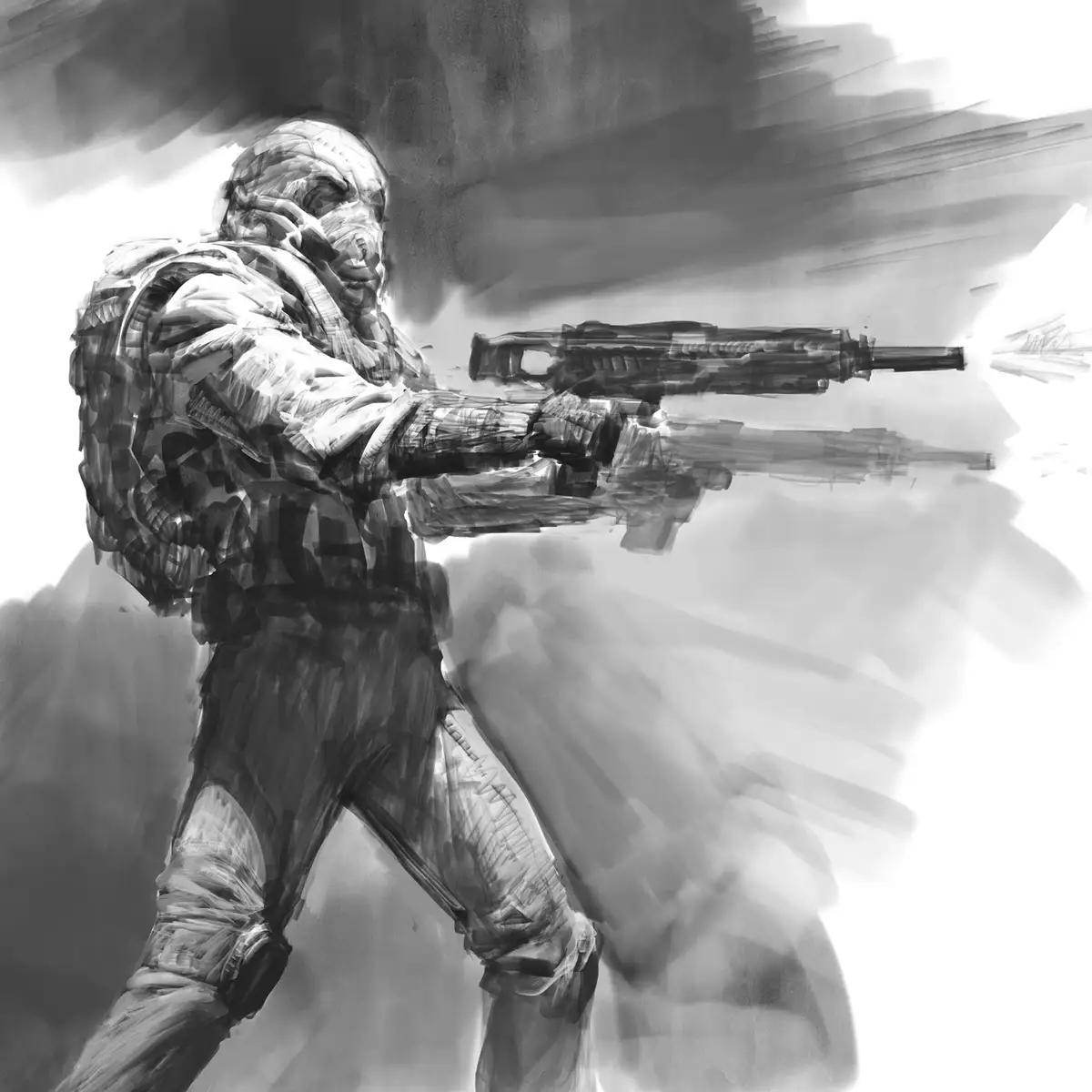 A black-and-white sketch depicts a soldier in tactical gear firing a rifle, with motion blur and smoke effects conveying…