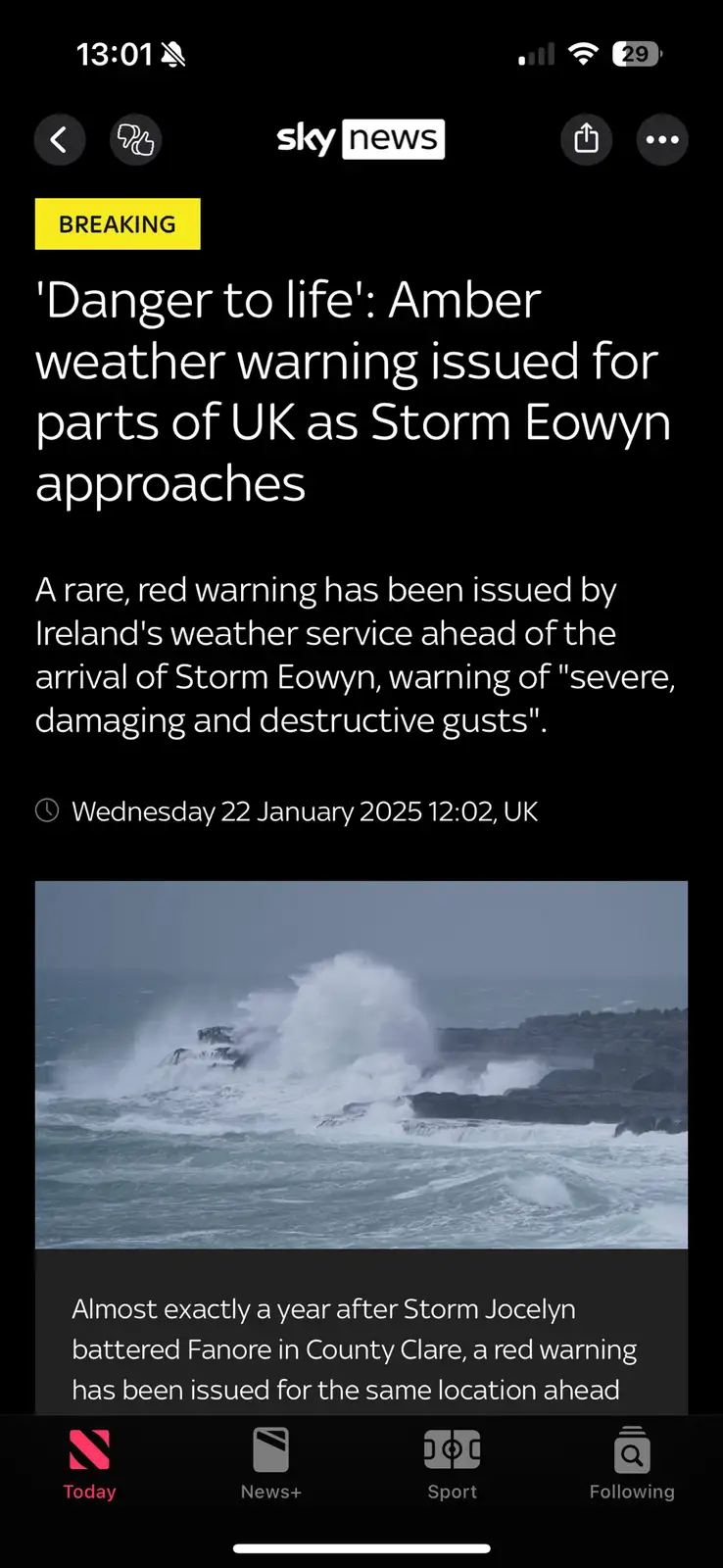 A screenshot of a Sky News mobile article shows a breaking weather warning for Storm Eowyn, featuring a photo of crashing…