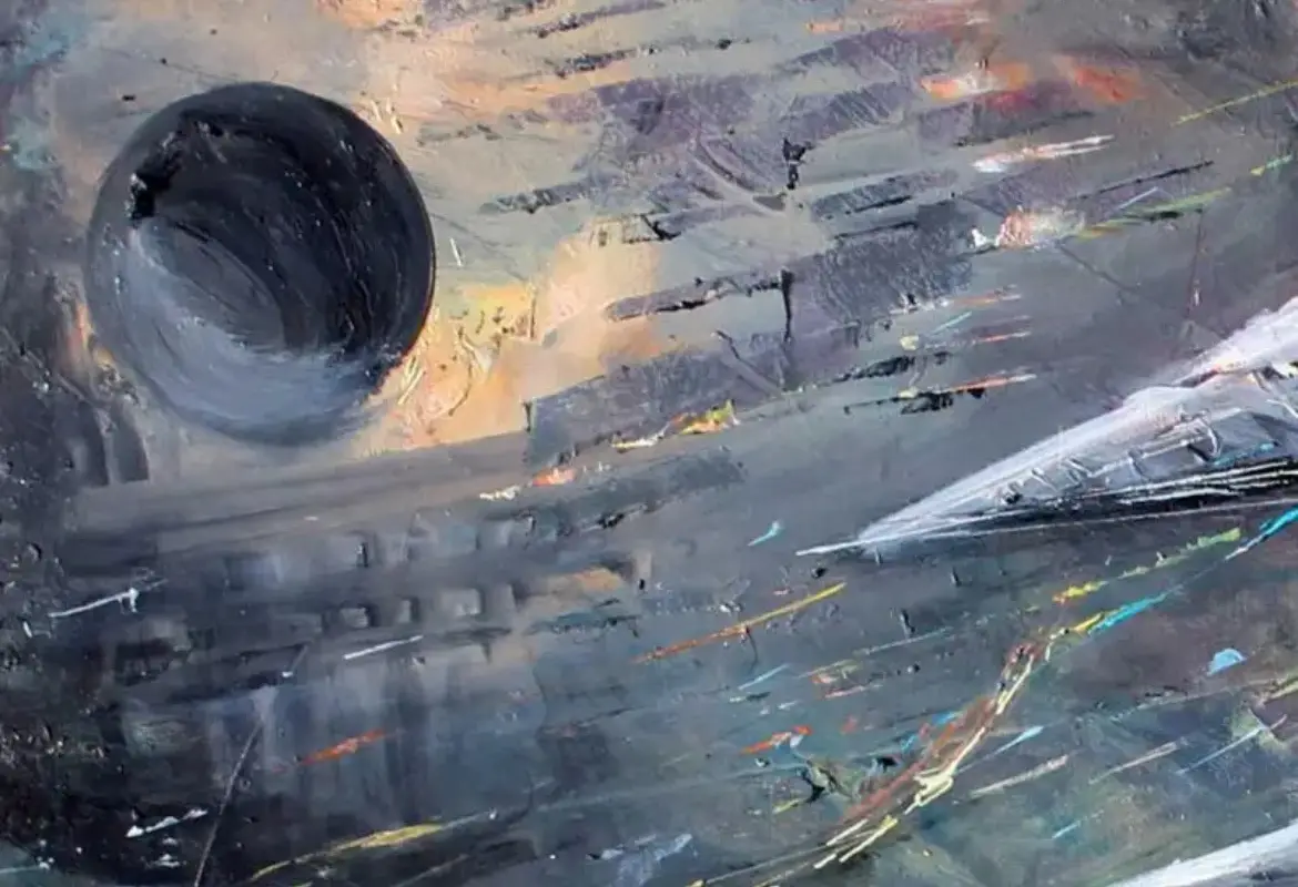 An abstract painting with thick, textured brushstrokes in dark grays, blacks, and muted earth tones. A large, dark, circular…