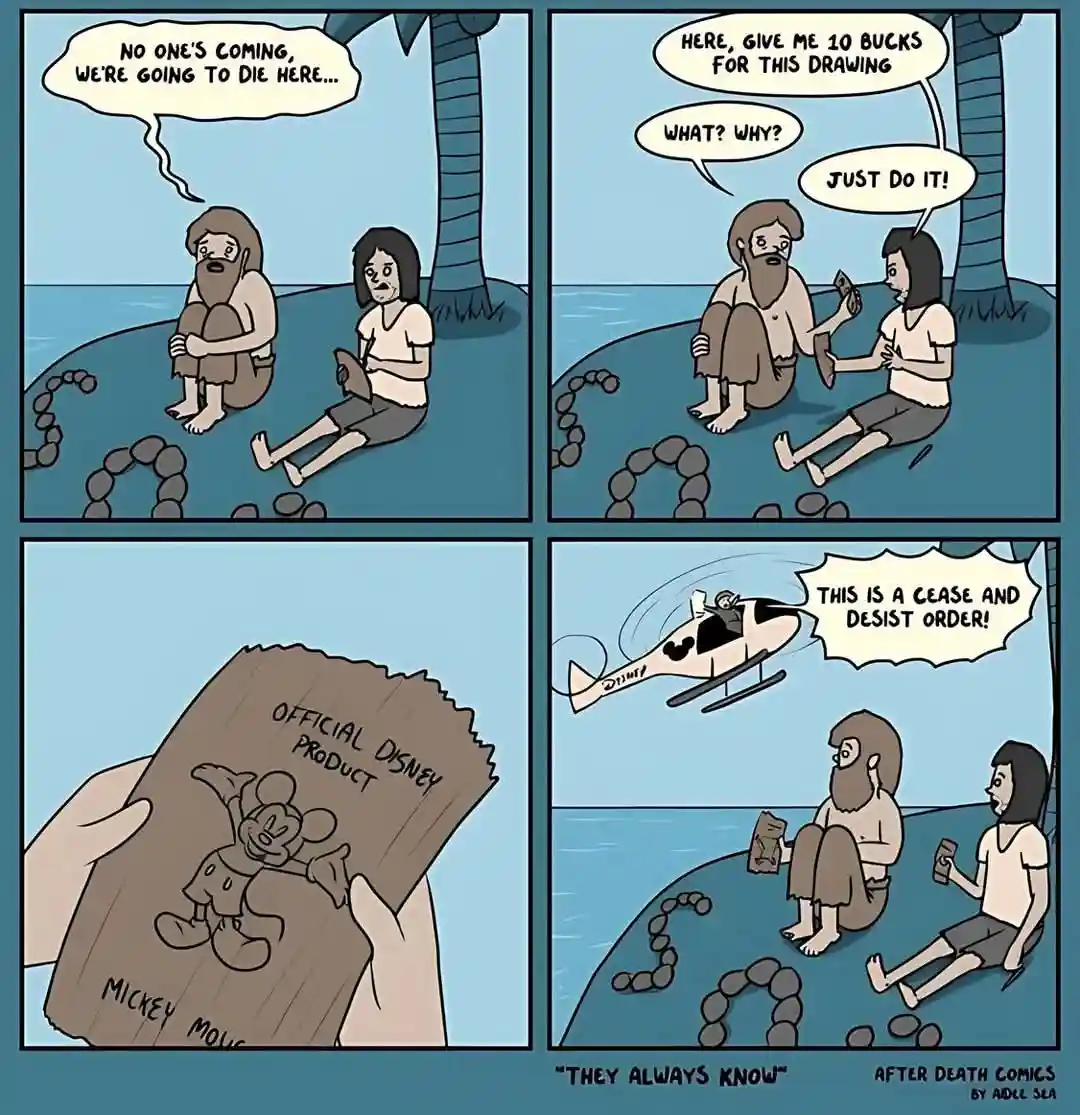 A four-panel comic shows two stranded people on a deserted island. One person, despondent, says they're going to die. The…