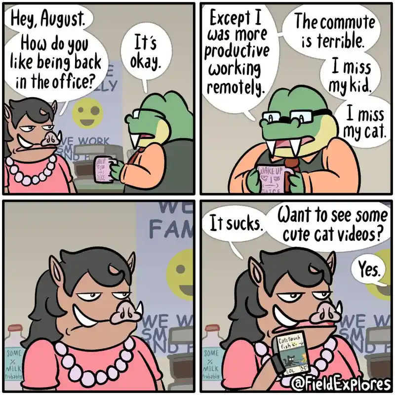 A four-panel comic featuring a pig and a crocodile in an office. The pig asks the crocodile how he likes being back in the…