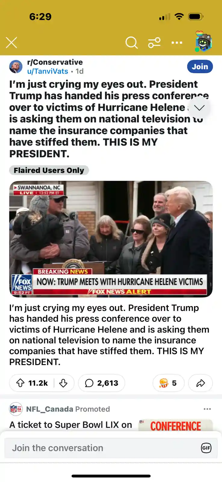 A screenshot of a Reddit post from r/Conservative shows a Fox News broadcast image where President Trump is standing with…