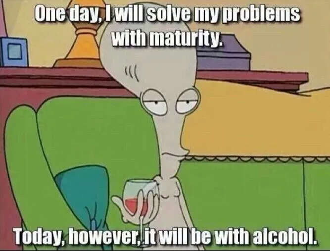 An alien character from the animated show 'Invader Zim' sits in a green armchair holding a glass of red liquid, looking…