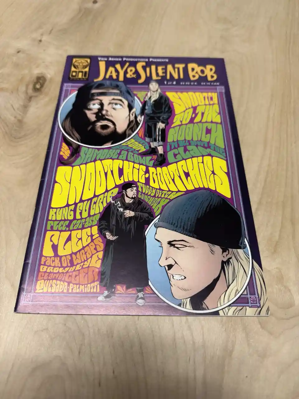 A comic book cover for 'Jay & Silent Bob' issue #4, featuring cartoon depictions of the two titular characters, Jay with a…