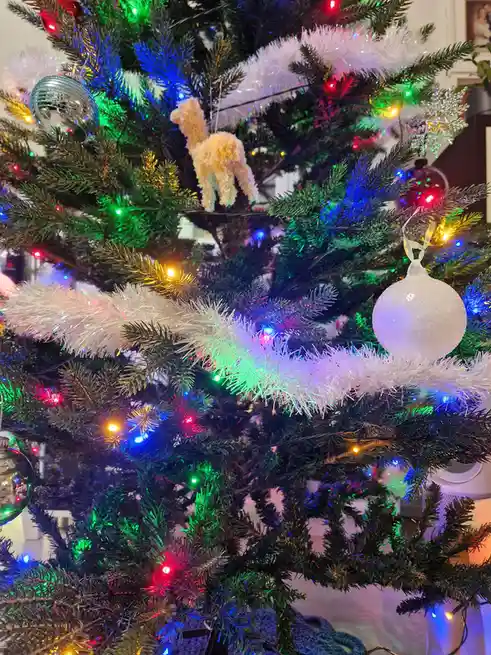 A close-up of a decorated christmas tree with colorful lights, white tinsel, and various ornaments including a shiny silver…