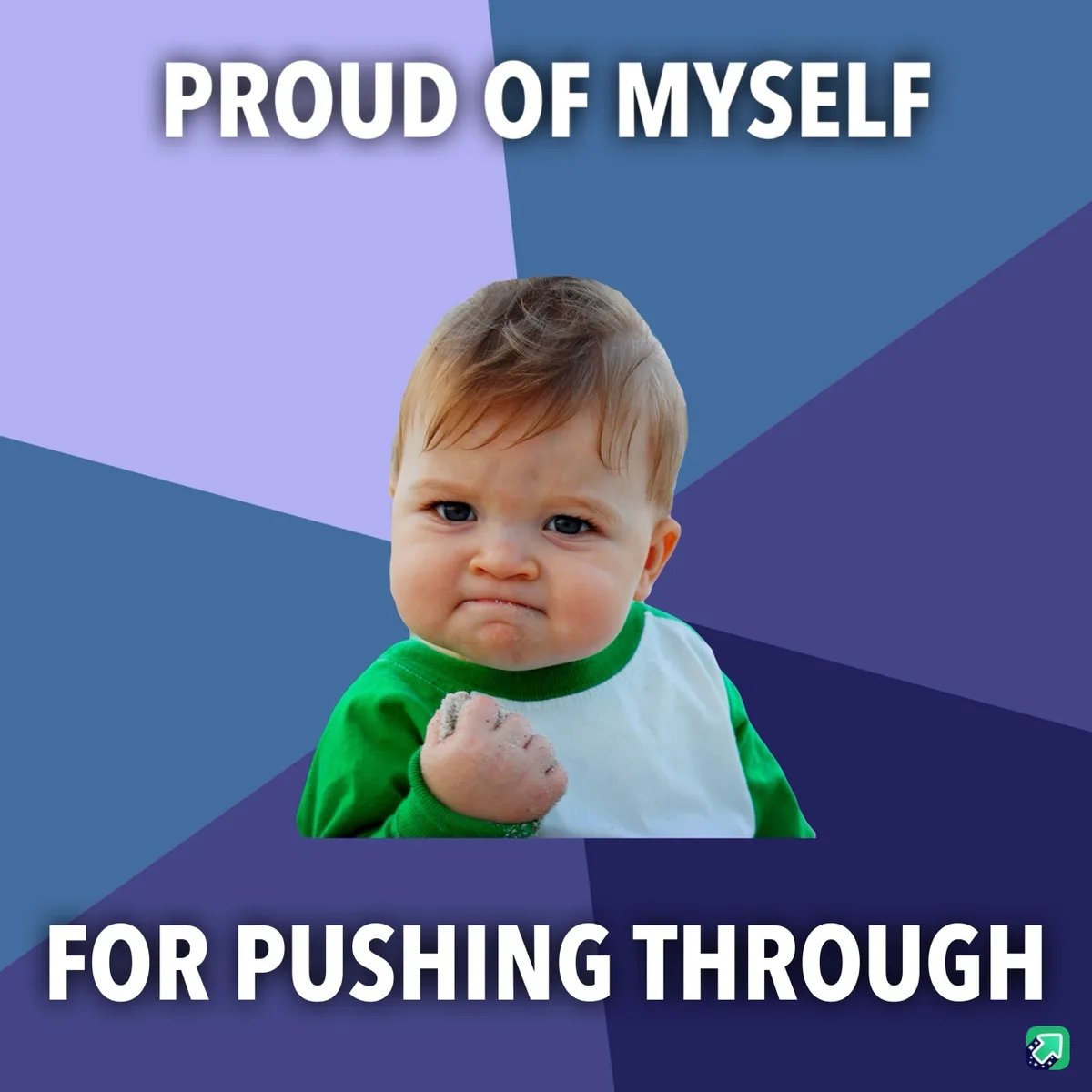 A baby with a smug, self-satisfied expression, wearing a green and white shirt, has sand on its fist. The image has a…
