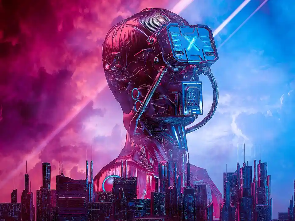 A colossal, biomechanical humanoid head with exposed circuitry and glowing blue components dominates a futuristic cityscape…