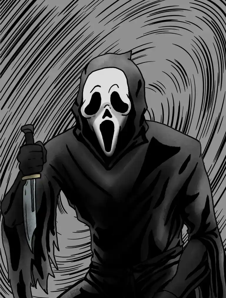 A black-and-white comic-style illustration shows a figure in a dark hooded robe holding a knife, wearing the iconic white…