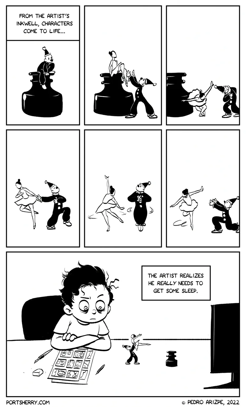 A six-panel comic strip shows a cartoon artist's inkwell magically producing animated characters who dance and perform. The…