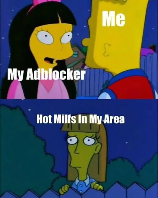 The top panel shows Lisa Simpson labeled 'My Adblocker' looking shocked as Bart Simpson, labeled 'Me', leans in close. The…