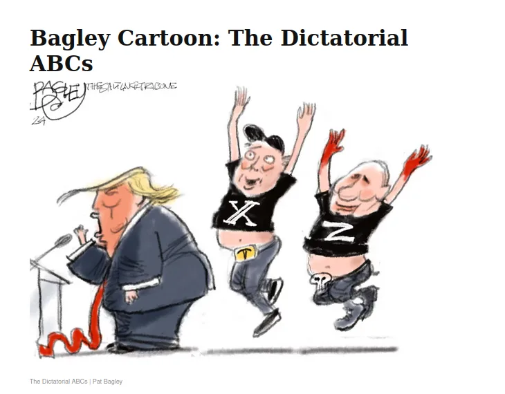 A political cartoon by Pat Bagley shows a caricature of Donald Trump at a podium with a red tie, looking frustrated as two…