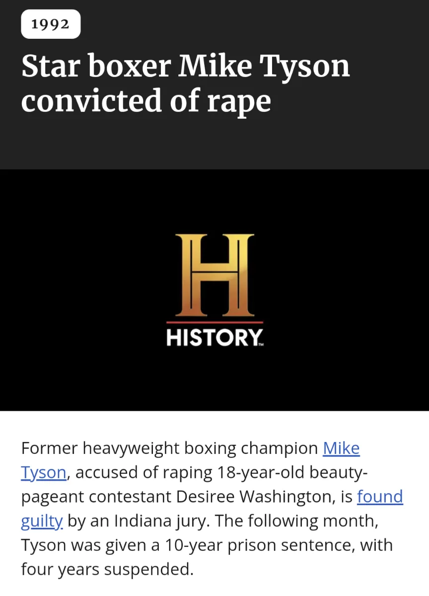 The image displays a 1992 History Channel news headline stating 'Star boxer Mike Tyson convicted of rape,' followed by a…