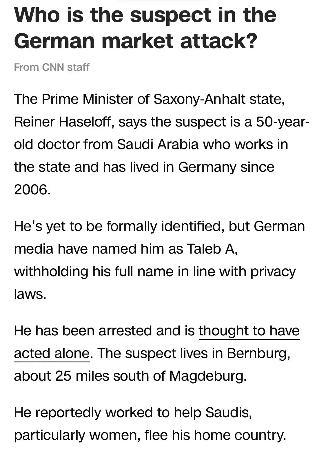 The image displays a screenshot of a CNN news article detailing the suspect in a German market attack. The text describes…