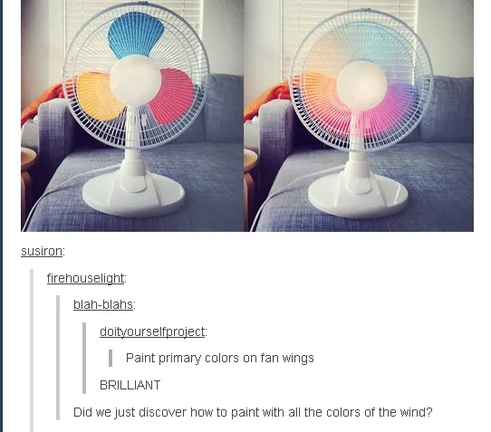The image shows two side-by-side photos of a white electric fan sitting on a blue couch. In the left photo, the fan blades…