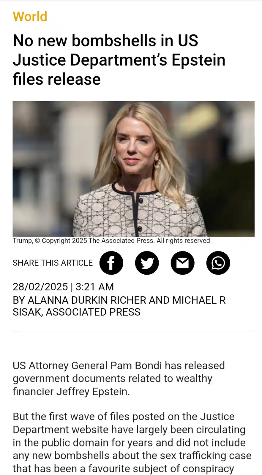 A screenshot of a news article from The Associated Press dated 28/02/2025, featuring a photo of US Attorney General Pam…
