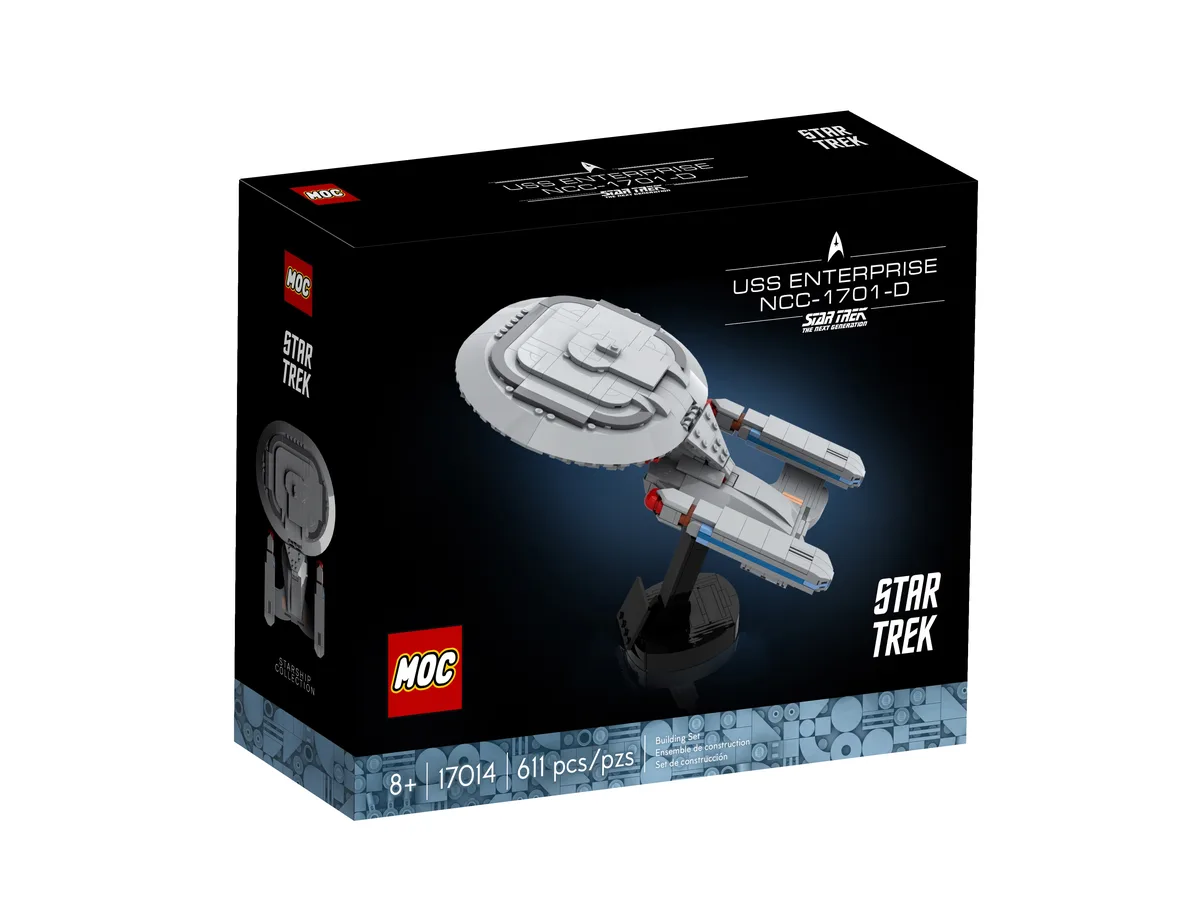 A black box for a LEGO MOC (My Own Creation) building set featuring a gray and blue LEGO model of the USS Enterprise…
