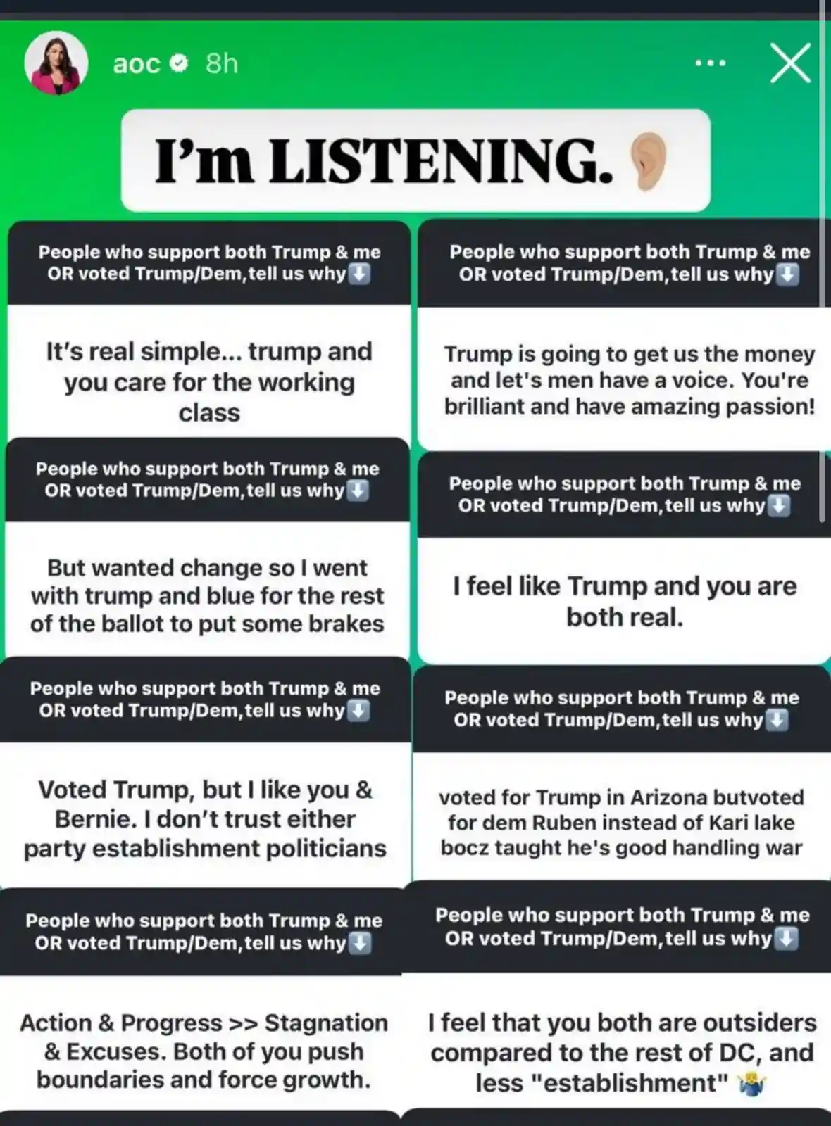 A screenshot of a social media post by 'aoc' showing a poll with multiple user responses. The poll asks 'People who support…