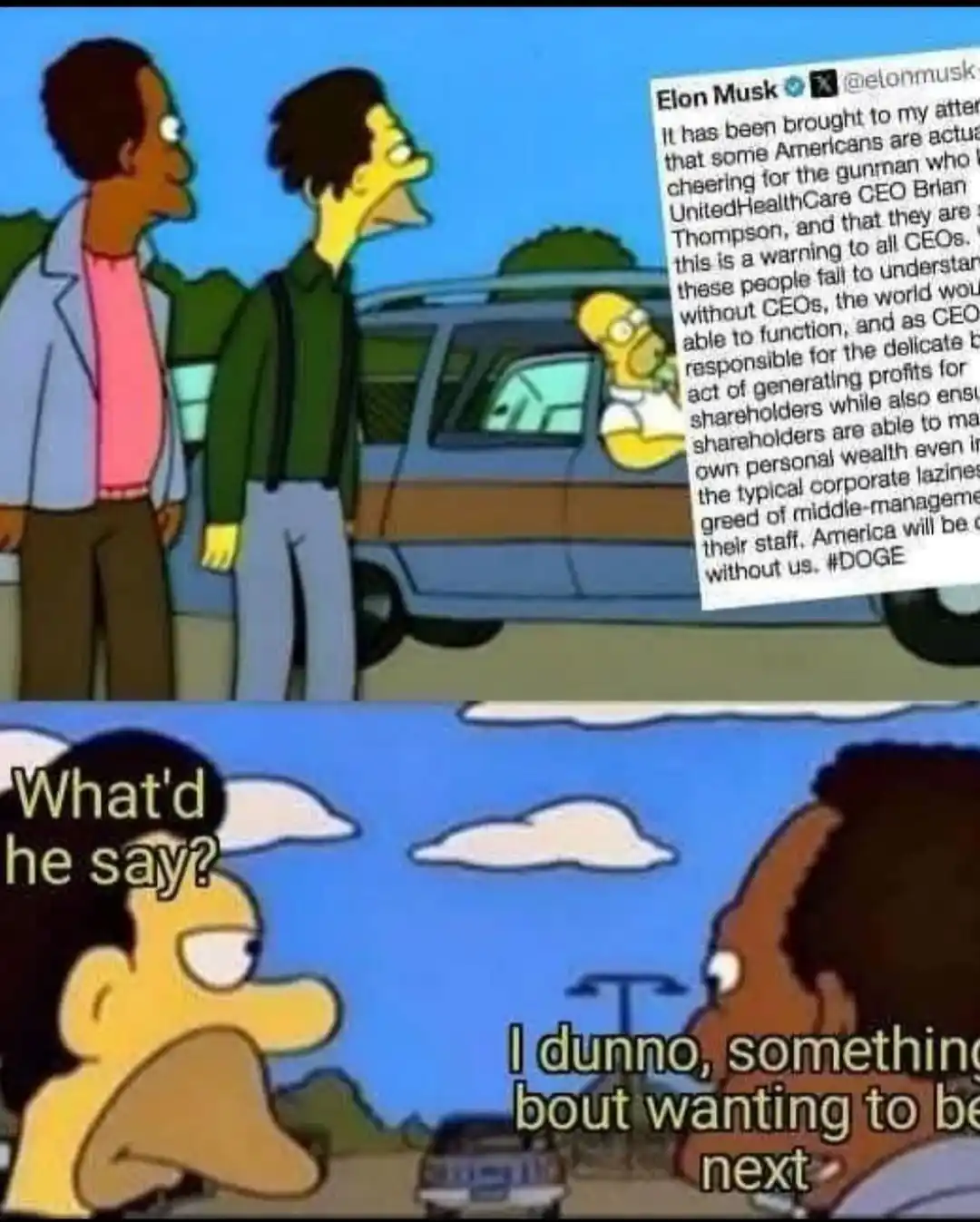 The top panel shows two men talking while Homer Simpson looks out his car window, with a tweet from Elon Musk overlaid that…