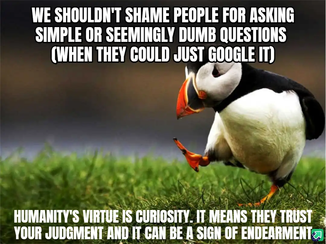 A photograph of a puffin standing on green grass, looking down with one foot lifted, overlaid with two blocks of white text…