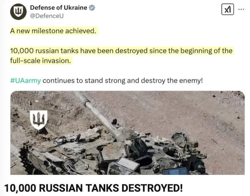 A screenshot of a tweet from 'Defense of Ukraine' (@DefenceU) showing a destroyed tank in a desert-like battlefield. The…