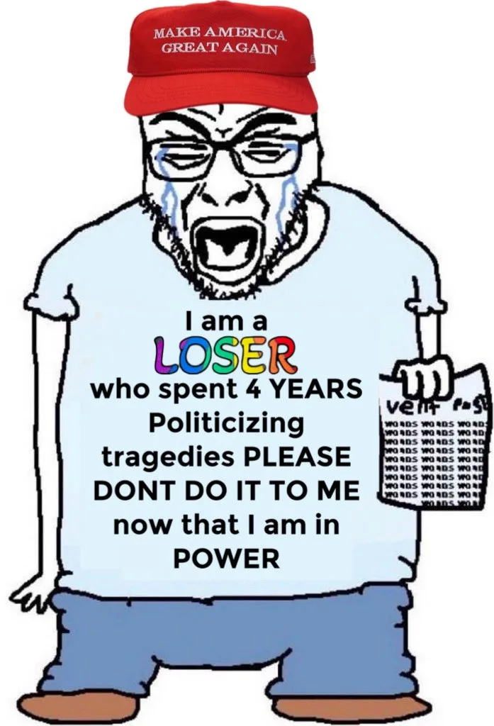 A cartoon man wearing a red 'MAKE AMERICA GREAT AGAIN' cap and glasses, crying with tears streaming down his face, has text…