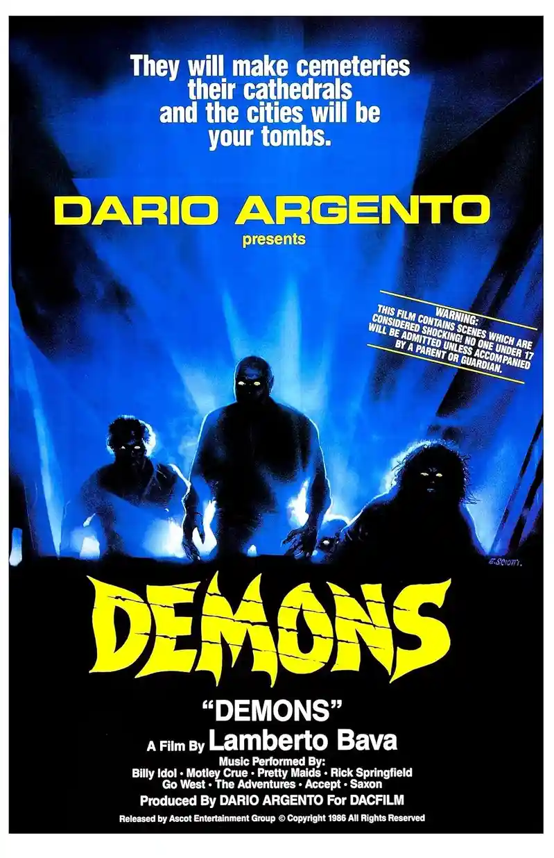 This is a movie poster for the 1980 horror film 'Demons' directed by Lamberto Bava. The poster features three shadowy…